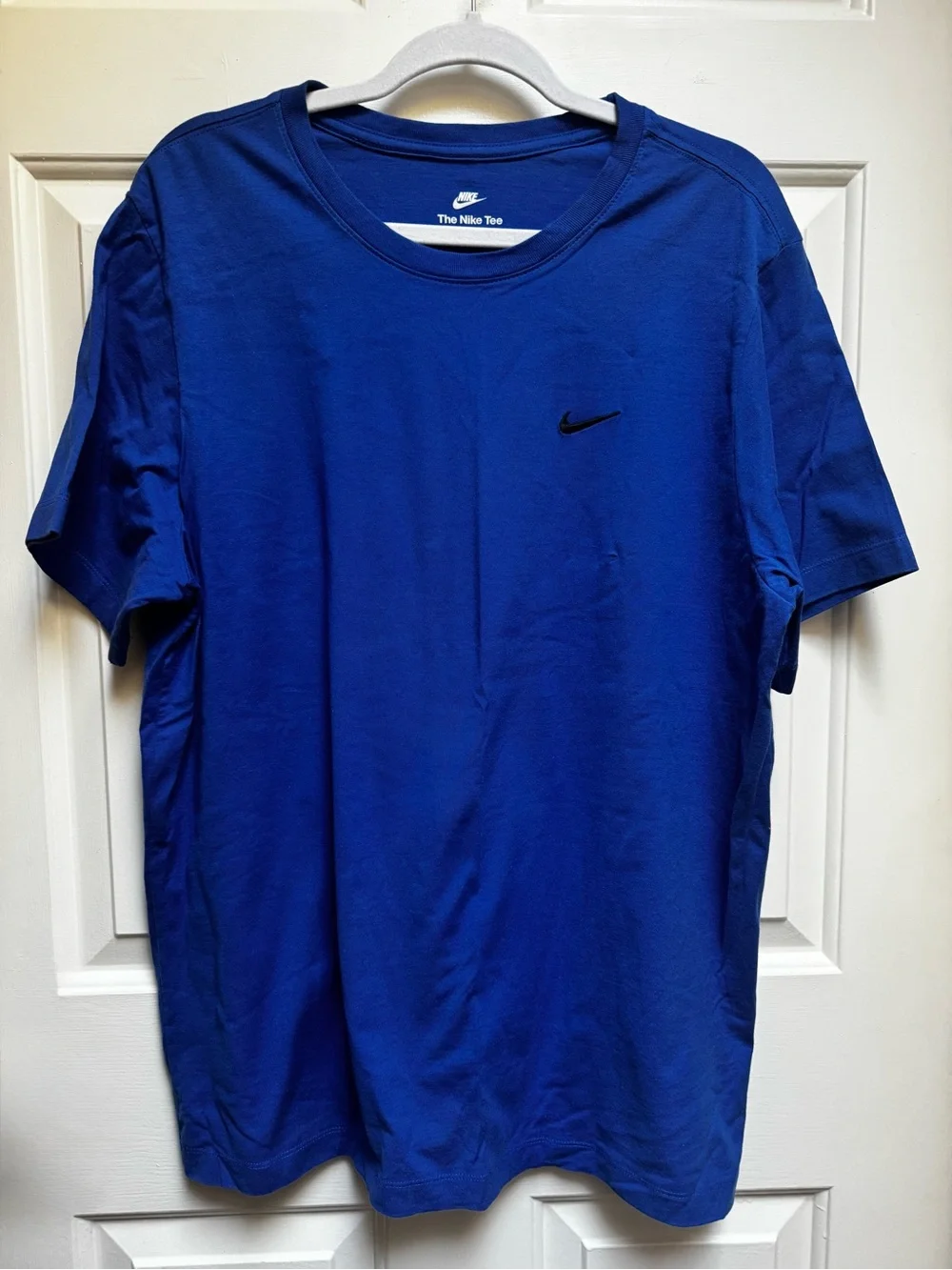 Nike NWT Swoosh Embroidered Black Logo on Royal Blue Tee Shirt Mens XL